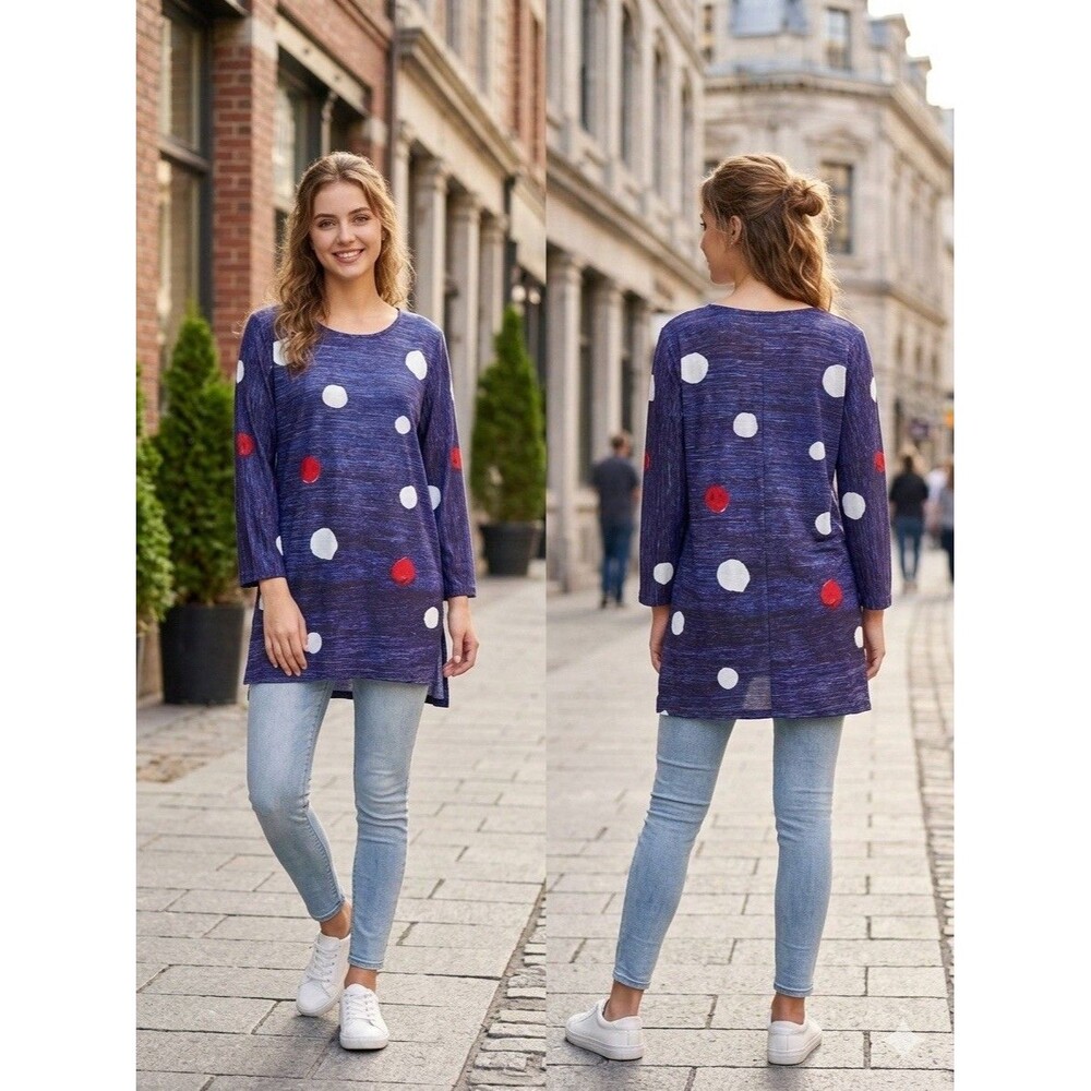 NWT Nally & Millie Purple Polka Dot Tunic V-Neck Relaxed Long Sleeve Tunic L/XL